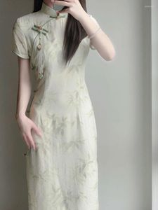 Ethnic Clothing Women Green Floral Improved Cheongsam High Quality Short Sleeve Vintage Dress Slim Elegant Casual Costumes Qipao S To 2XL