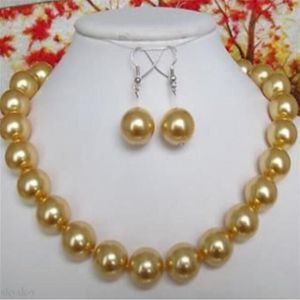 10mm Natural Yellow Round South Sea Shell Pearl Necklace 18'' Earrings Set295M