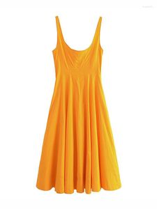 Casual Dresses Summer Women's Dress Holiday Style Orange Poplin Square Neck Sleeveless Strap