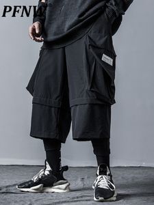 PFNW Techwear Bir Splic Shorts Erkekler Dark Style Street Giyim Elastik Bel İnce Pantolon Sonbahar Yeni Siyah Culottes Erkek 12A4536