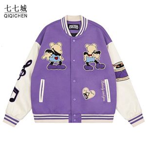 Mens Ceket Beyzbol Ceket Erkekler Retro Hip Hop Akıllı Gevşek Karikatür Müzik Notu Varsity Kadınlar Sonbahar Harajuku Patchwork Count Çift 230725