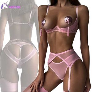 Nxy Pink Erotic Lingerie Open Bra Kit Push Up Sexy Sensual Underwear Love Hollow Crotchless Panties Garter Intimate See Through Set