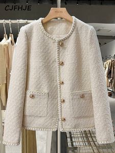 Womens Jackets CJFHJE Elegant Spring Autumn Round Neck Woolen Coats Women Korean Fashion Office Lady Beige Chic Button Short Tweed Jacket 230726