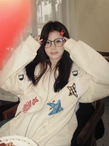 Womens Hoodies Sweatshirts Deeptown Vintage Y2K Zip Up Oversized Women Harajuku Kawaii Star Embroidery Casual Tops Jackets Grunge Kpop 230725