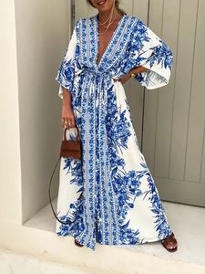 Basic Casual Dresses Boho Deep V Neck Waist Drawstring Long Dress Women Spring Pattern Print Vintage Maxi Dress Summer Short Sleeve Loose Beach Dress 230726