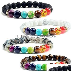 Perlen 7 Chakren Stein Perlen Armband Strang Frauen Männer Handgewebte Energie Yoga Tigerauge Howlith Modeschmuck Drop Lieferung Armbänder Dhkxb