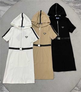 Women Casual Dresses Hooded With Belt Zipper Pocket Fashion Short Sleeve Skirt Girdle Dress 3 Colors of Triangle Metal Street-wear