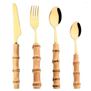 Учебная посуда наборы 6 шт./Сталовая стейк -нож Spoon Fork Set The Nearnable Steel Dableware Creative Bamboo Rent Harder Houtnd