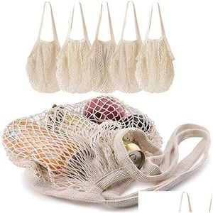 Sacs de rangement réutilisables Épicerie Coton Mesh String Shop Sac fourre-tout Lavable Fruits Légumes pour colis Drop Delivery Home Garden Housek Otcu3