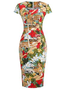 T-shirt Slim Vintage 50s Party Dress Women Short Sleeve Office OL Midi Dress Summer Vestidos Floral Print Rode de Tail Bodycon Dress
