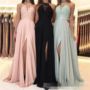 2019 New Halter Front Slit Chiffon Bridesmaid Dresses Lace Applique Long Maid of Honor Gown Wedding Guest Party Dress269E