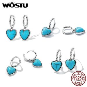 Suits Wostu Vintage Sterling Sier örhängen med turkos Big Drop Hoop Studs For Women Wedding Anniversary Party Present grossist