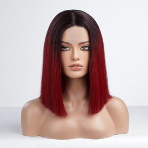 Perucas sintéticas curtas ombre vinho tinto perucas de cosplay perucas sintéticas para mulheres retas cabelo bob parte do meio perucas loiras naturais peruca de halloween 230725