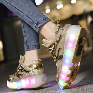 Roller Sneakers 2 Wheels Dziecięce Dziewczyny Dzieci Dzieci Kobiety 2021 Sport Casual Fashion Boto LED Light Flashing Golden Skates Buty