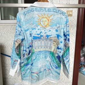 Mens Casual Shirts Casablanca Shirt Högkvalitativ blå himmel vit moln flygande fiskflygplan alfabettryck hawaiian män kvinnor långärmad 230726