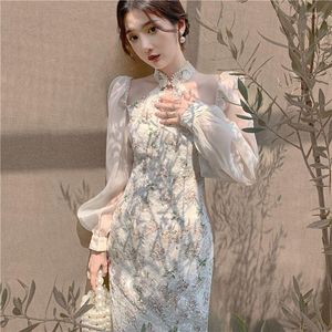 Ethnische Kleidung 2023 Chinesisches Chiffon-Cheongsam-Kleid Dame Stehkragen Schlank Anmutig Verbessert