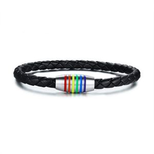 Svart stolthet äkta läder armband regnbåge gay lesbiska armband rostfritt stål smycken med magnetisk lås PB-014b152m