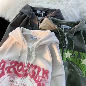 Womens Women Letter Embroidered Hoodies Autumn Winter Vintage Zip Up Loose Hooded Sweatshirts Harajuku Y2K Long Sleeve Jacket Clothes 230726