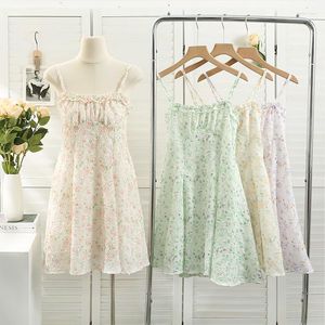 Casual Dresses Korean Floral For Women Folds A-line Knee-length Strap Dress Girls Sweet High Waist Square Collar Vestidos Drop