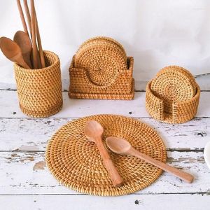 Tovagliette 20cm Sottobicchieri in rattan naturale Set per Kungfu Tea Round Cup Mat Stoviglie Tovaglietta Piatto Tessuto Pad Accessori per la cucina