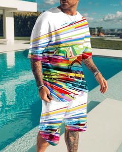 Tute da uomo Set di tute da uomo Color Line Car Stampa 3D Abito casual Fashion Cool Streetwear T-Shirt Pantaloncini 2 pezzi Outfit oversize