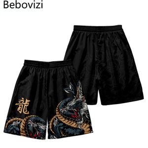Shorts de verão streetwear praia casual estampa de dragão chinês masculino feminino cintura elástica shorts pretos plus size