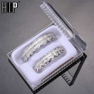 Hip Hop Iced Baguette Denti Caps Cubic Zircon Micro Pave Top Bottom Charm Griglie Set per uomo Donna Jewelry Box Pack 230726