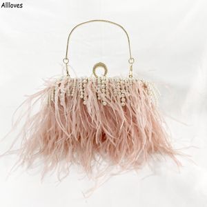 Luxury Pink Women Ostrich Feather Clutch Pearl Tassel Purses and Handbags Wedding Bridal Designer Dress Plush Clip Shoulder Bags CL2651