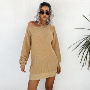Casual Dresses Women's Autumn Winter Off Shoulder Lantern Sleeves Knitted Woolen Dress Loose Long Sweater Female Pullover
