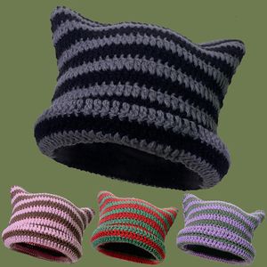 Beanie/Kafatası Kapakları Y2K Japon Beanie Hat Ins Küçük Şeytan Çizgili Örme Yün Kapağı Sonbahar ve Kış Sevimli Kedi Kulakları Sivri Krover Kadın Şapkaları 230725