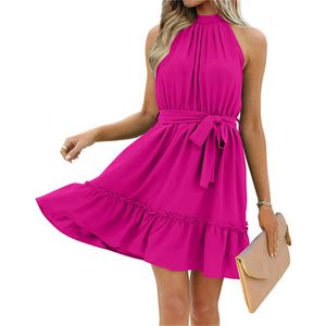 lu Lady Elegant Dress Summer Sleeveless Halter Waist lace-up Hem Ruffle Party Dress