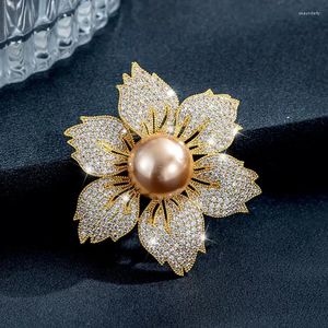 Brooches Trendy Brooch Synthetic Pearl Gold /Silver Color Crystal CZ Flower Vintage Jewelry For Women Gifts Gift Drop