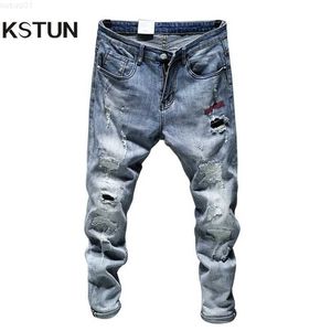 Jeans strappati per uomo Skinny Slim Fit Light Blue Spring Sfilacciato Streetwear Hip Hop Pantaloni in denim Patchwork Pantaloni da uomo 210318 L230726