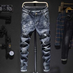 Herrcyklist Jeans män mörkblå stretch smal fit rippad nödställda streetwear denim byxor casual retro man byxor hiphop jean homme l230726