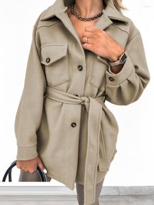 女性用ジャケット2023年秋冬女性イエローカーキブラウンホワイトポケット長袖折りた地ボタンダウンコート