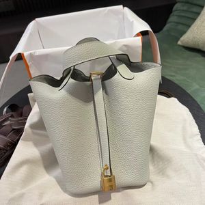 2023 New Arrival: Classic Market Basket Bag, Genuine Leather Bucket Bag, Lychee Grain Top Layer Cowhide, Simple and Versatile Handbag for Women - Color-Block white
