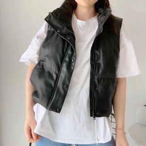 Women's Vests 2023 Fall Winter Black Warm Cropped Tops Vest Women Stand Collar Sleeveless Zipper PU Leather Outwear Casual Short Coat