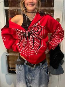 Erkek Hoodies Sweatshirts Örümcek Web Kırmızı Kapşonlu Sweatshirt Fermuar Y2K Giyim Kadınlar Hip Hop Sweatshirt Kış Sıcak Harajuku Punk Kaya Siyah Hoodie Fun Z230802