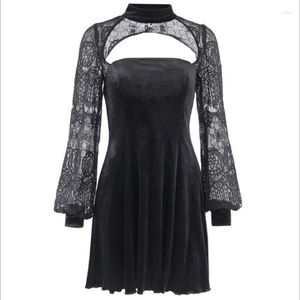 Casual Dresses Sexy Gothic Lace Stitching Open Back Hollow Pleated Dress Lantern Sleeve Mini For Women