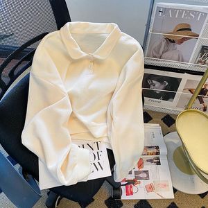 Women's Hoodies Long Sleeve Polo Collar Apricot Sweatshirt Female Autumn Thin Simple Casual Crop Top Korean Women Pullovers M-XL