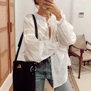 Womens Blouses Shirts Boho Inspired Semi sheer white blouse for women Frilled neckline buttons down sexy tops ladies long sleeve shirt 230726