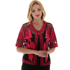 Womens Blouses Shirts Retro Women Lace Sequins Stitching Embroidery Floral Cardigan Half Flare Sleeve V Neck Sheer Caple Coat Over Size 230726