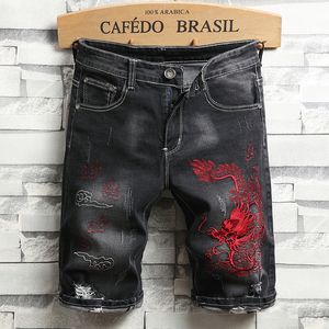 Män denim shorts broderi lyckosam moln drake manlig bomull casual kinesisk stil kultur streetwea smala raka jeans kort