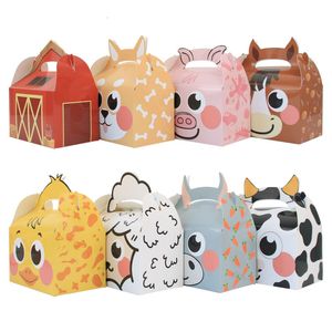 Presentförpackning 8st Farm Theme Paper Candy Cake Cookie Present Box Cartoon Animal Packaging Väska med handtag Födelsedekor Party Supplies 230725