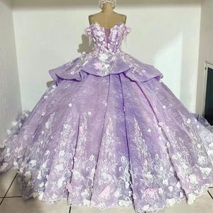 Luxo Renda Lilás Vestidos Quinceanera Miçangas 3D Flores Artesanais Festa de Aniversário Formal Espartilho Vestidos De 15 Anos