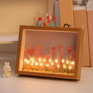 Luzes noturnas Tulipa Ornamento Material Saco Feito à Mão Moldura Eterna Flor Decoração de Casa Luz Quente Sono Presente de Aniversário