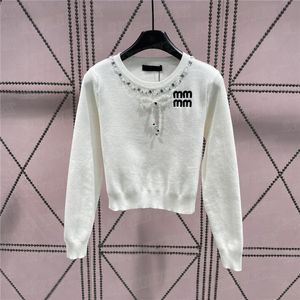 Miun Miun Ladies Fashion Socile Style Jacquard Jacquard Jumper Sweter Luksusowy Rhinestone Bluet Designer Knito Sweter Top Women Cloth Projektant Hoodie Sweter 574