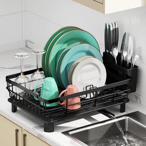 Kitchen Storage Metal Dish Drying Rack For Counter Plates Drainer With Removable Utensil Holder Drainboard Swivel Spout Sink Organizer