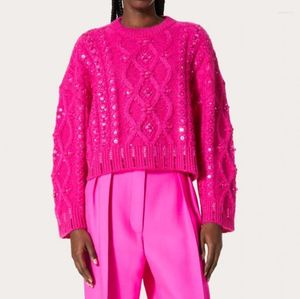 Kvinnors tröjor Deep Pink Pärled Diamond Knit Löst märke O-halsen förtjockade toppar Julkvinnor Pullover kläder