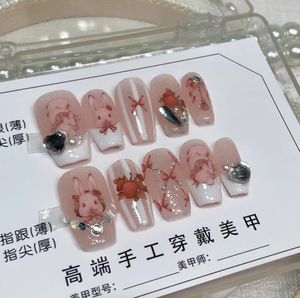 Falska naglar Handgjorda bär full täckningskonst 3D S Jelly Pink Crystal Coffin Fake Nail Venalisa med limverktyg 10Tip Set 230626 230726